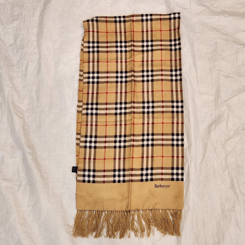 Vintage Burberrys Silk Scarf Nova Check Tan Plaid Jacquard Knight Logo Japan